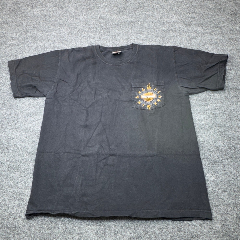 Vintage Harley Davidson T Shirt Mens Large Black Davis HD Flames Pocket Biker
